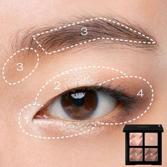 Close-up of an eye with Shu Uemura Eye Sculpt shades applied, highlighting areas for blending and contouring with numbered guides.