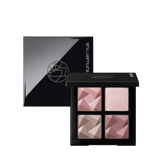 Shu Uemura Eye Sculpt eye shadow palette with four pink-toned shades in a sleek black compact featuring a geometric design.