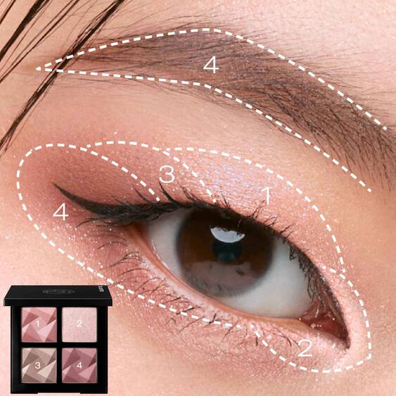 Close-up of an eye with Shu Uemura Eye Sculpt pink-toned shades applied, highlighting areas for blending and contouring with numbered guides.
