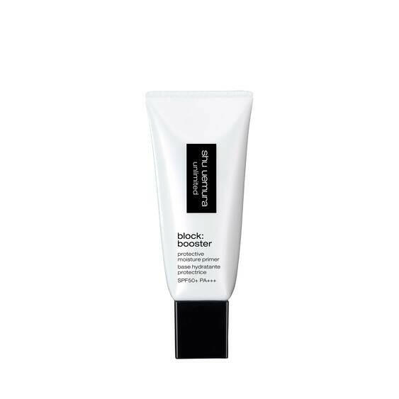 Shu Uemura Unlimited Block Boost primer providing long-lasting skin protection and flawless base