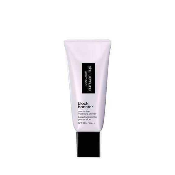 Shu Uemura Unlimited Block Boost primer providing long-lasting skin protection and flawless base