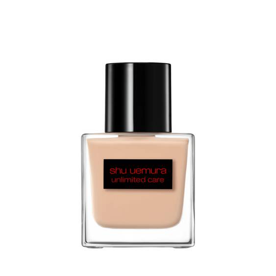 Shu Uemura Unlimited Care Tsuya Serum Foundation 35ml in a sleek glass bottle with black cap, ideal for shine control and skin firmness.