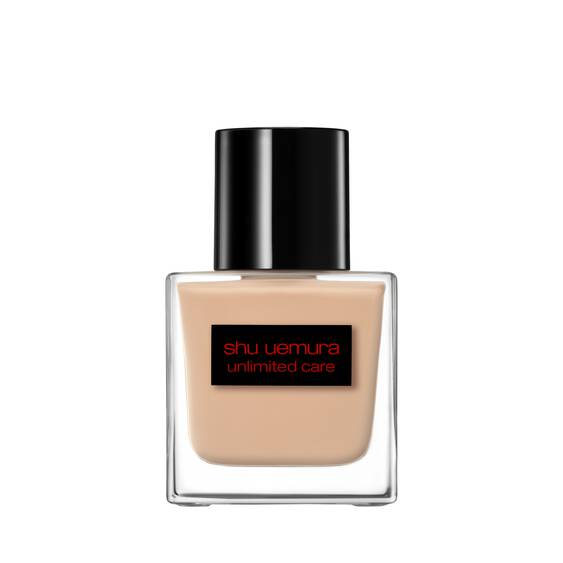 Shu Uemura Unlimited Care Tsuya Serum Foundation 35ml in a sleek glass bottle with a black cap, ideal for shine control and firmness.
