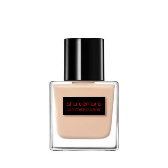 Shu Uemura Unlimited Care Tsuya Serum Foundation 35ml in a sleek glass bottle with black cap, ideal for shine control and skin firmness.