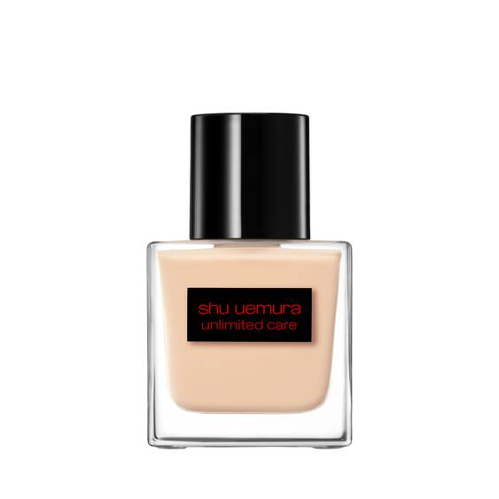 Shu Uemura Unlimited Care Tsuya Serum Foundation 35ml in a sleek glass bottle with black cap, ideal for shine control and skin firmness.
