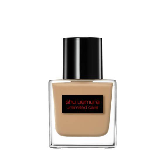 Shu Uemura Unlimited Care Tsuya Serum Foundation 35ml in a sleek glass bottle with black cap, ideal for shine control and skin firmness.
