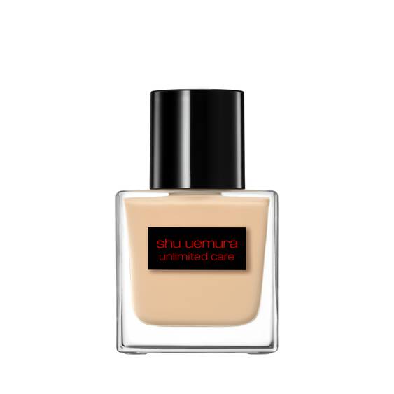 Shu Uemura Unlimited Care Tsuya Serum Foundation 35ml in a sleek glass bottle with a black cap, ideal for smooth and radiant face makeup.