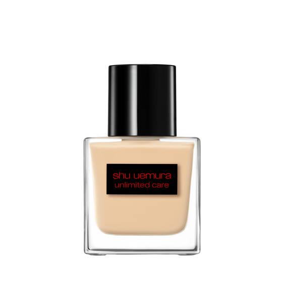 Shu Uemura Unlimited Care Tsuya Serum Foundation 35ml in a sleek glass bottle with a black cap, ideal for achieving radiant and firm skin.