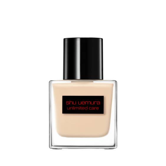Shu Uemura Unlimited Care Tsuya Serum Foundation 35ml in a sleek glass bottle with black cap, ideal for smooth and radiant face makeup.