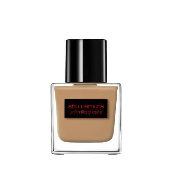 Shu Uemura Unlimited Care Tsuya Serum Foundation 35ml in a sleek glass bottle with black cap, ideal for shine control and skin firmness.