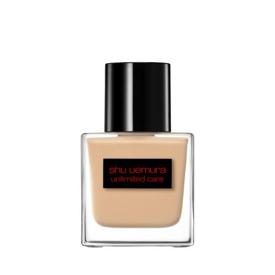 Shu Uemura Unlimited Care Tsuya Serum Foundation 35ml in a sleek glass bottle with a black cap, ideal for flawless face makeup with niacinamide benefits.