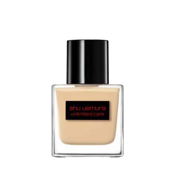 Shu Uemura Unlimited Care Tsuya Serum Foundation 35ml in a sleek glass bottle with black cap, ideal for shine control and skin firmness.