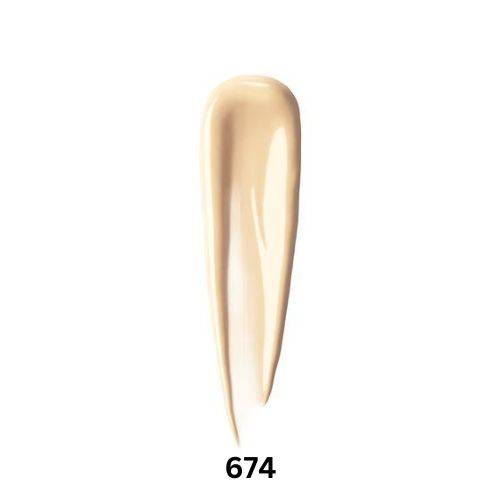 Swatch of Shu Uemura Unlimited Care Tsuya Serum Foundation in shade 674, showcasing a smooth, creamy texture for flawless coverage.