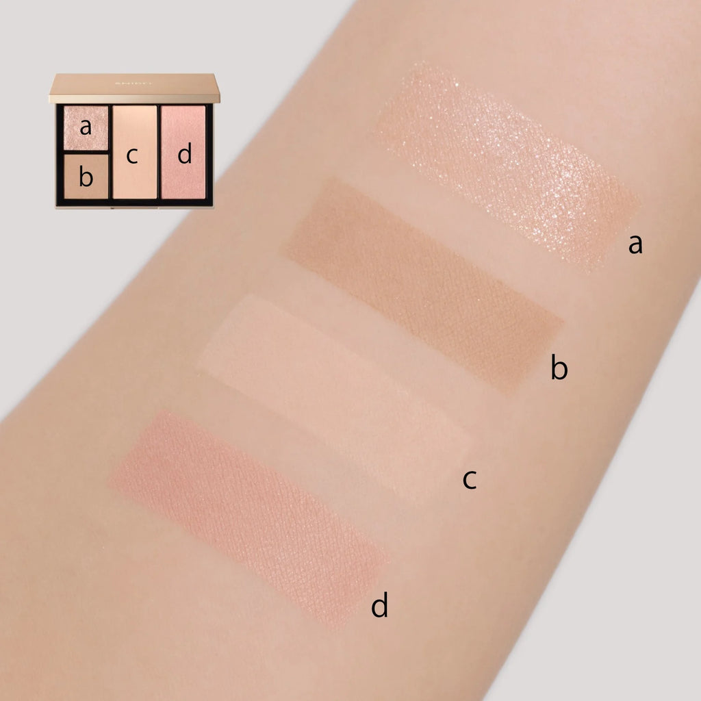 Swatches of Snidel Beauty Face Stylist EX11 Bio Beige palette showing four shades labeled a, b, c, and d on a forearm.