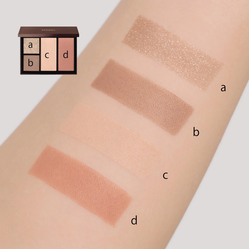 Swatches of Snidel Beauty Face Stylist EX12 Lt. Chocolate palette showing four shades labeled a, b, c, and d on a forearm.