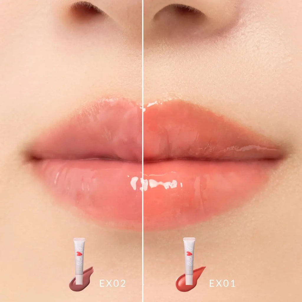 Snidel Beauty Pure Lip Glaze EX01 and EX02 applied on lips, showcasing glossy coral and rose shades for plump, hydrated lips.