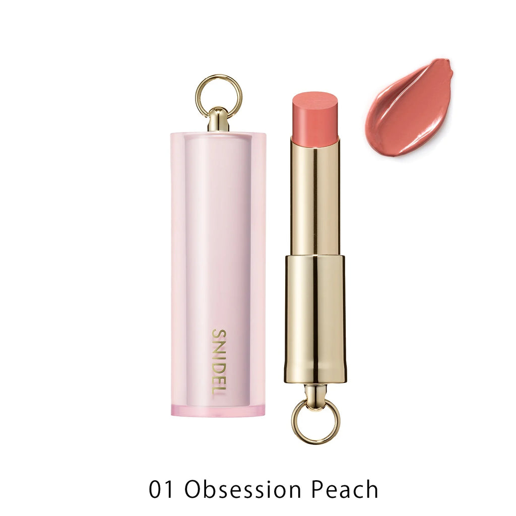 Snidel Beauty Rouge Couture 2025 SS Collection in 01 Obsession Peach, featuring a peach-toned lipstick with a sleek pink and gold case.