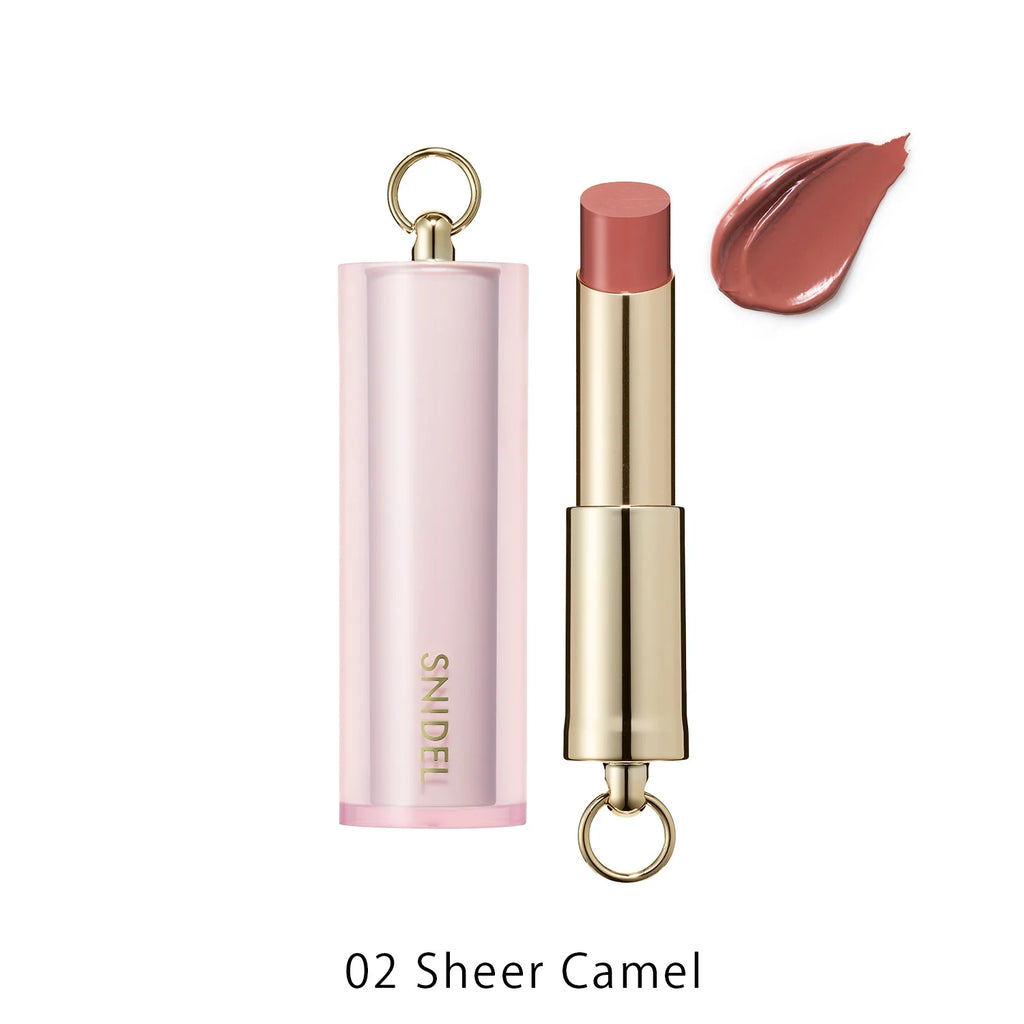 Snidel Beauty Rouge Couture 2025 SS Collection in 02 Sheer Camel, showcasing a warm camel lipstick with a stylish pink and gold case.