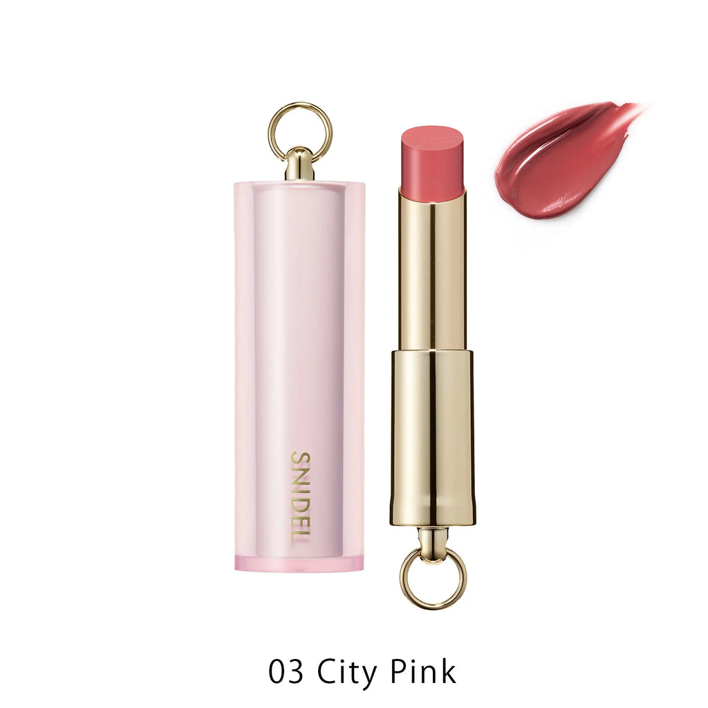 Snidel Beauty Rouge Couture 2025 SS Collection in 03 City Pink, a vibrant pink lipstick housed in a chic pink and gold case.