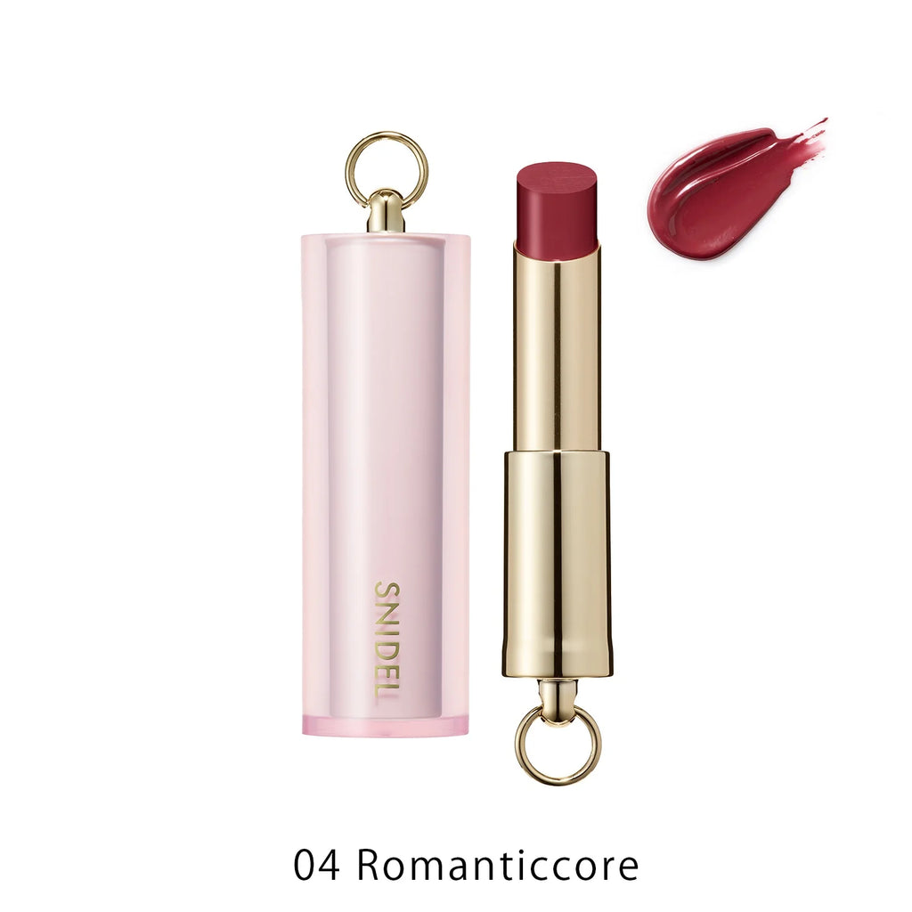 Snidel Beauty Rouge Couture 2025 SS Collection in 04 Romanticcore, a deep red lipstick with a luxurious pink and gold case.