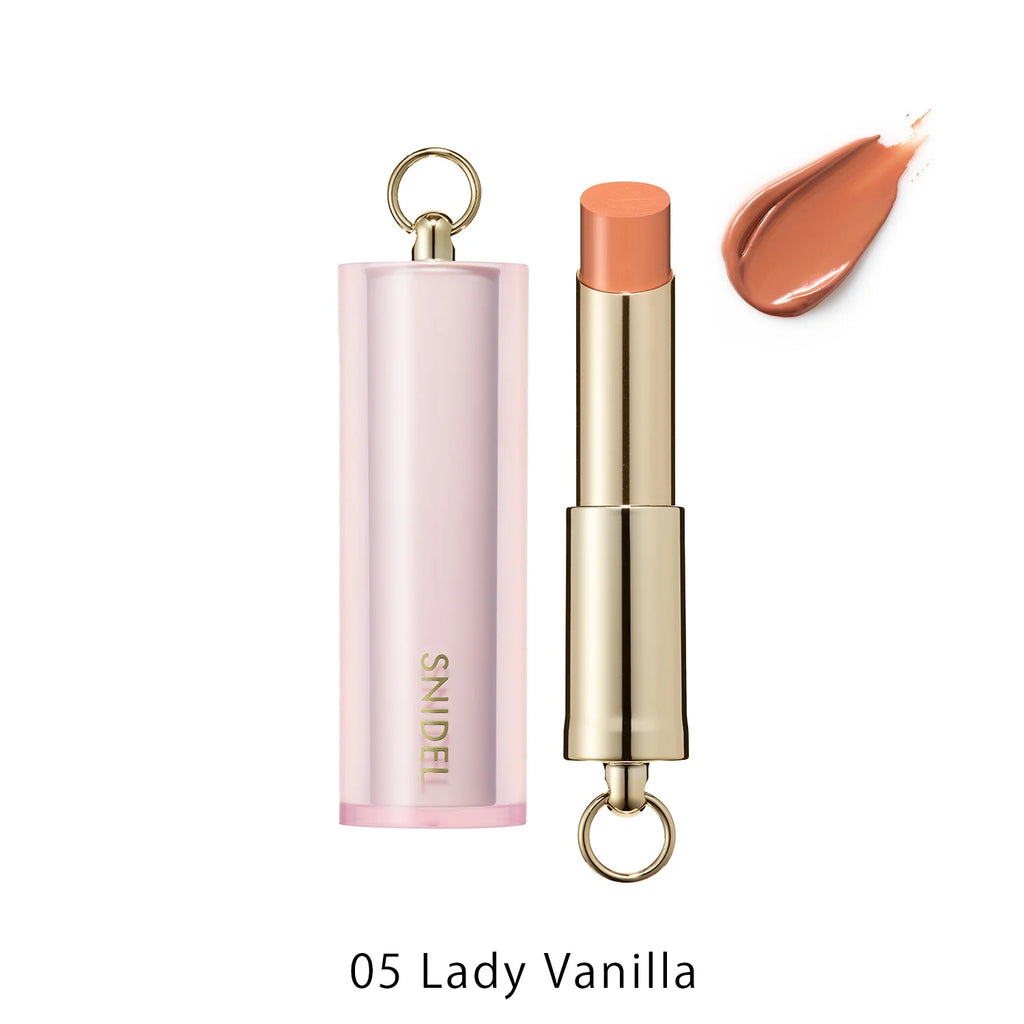 Snidel Beauty Rouge Couture 2025 SS Collection in 05 Lady Vanilla, a soft vanilla-toned lipstick with an elegant pink and gold case.