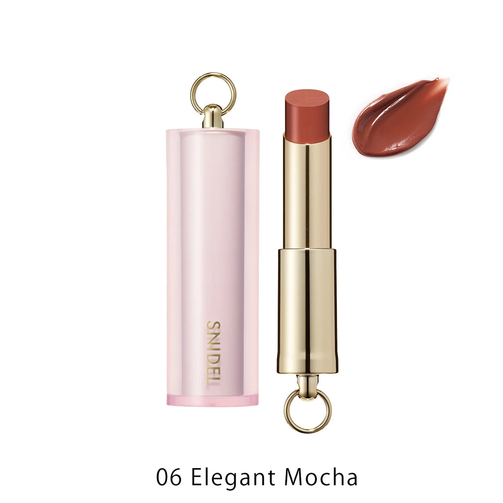 Snidel Beauty Rouge Couture 2025 SS Collection in 06 Elegant Mocha, a rich mocha lipstick paired with a sophisticated pink and gold case.