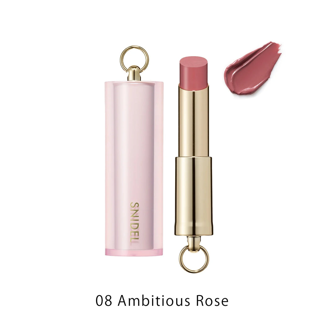 Snidel Beauty Rouge Couture 2025 SS Collection in 08 Ambitious Rose, a muted rose lipstick with a sleek pink and gold case.