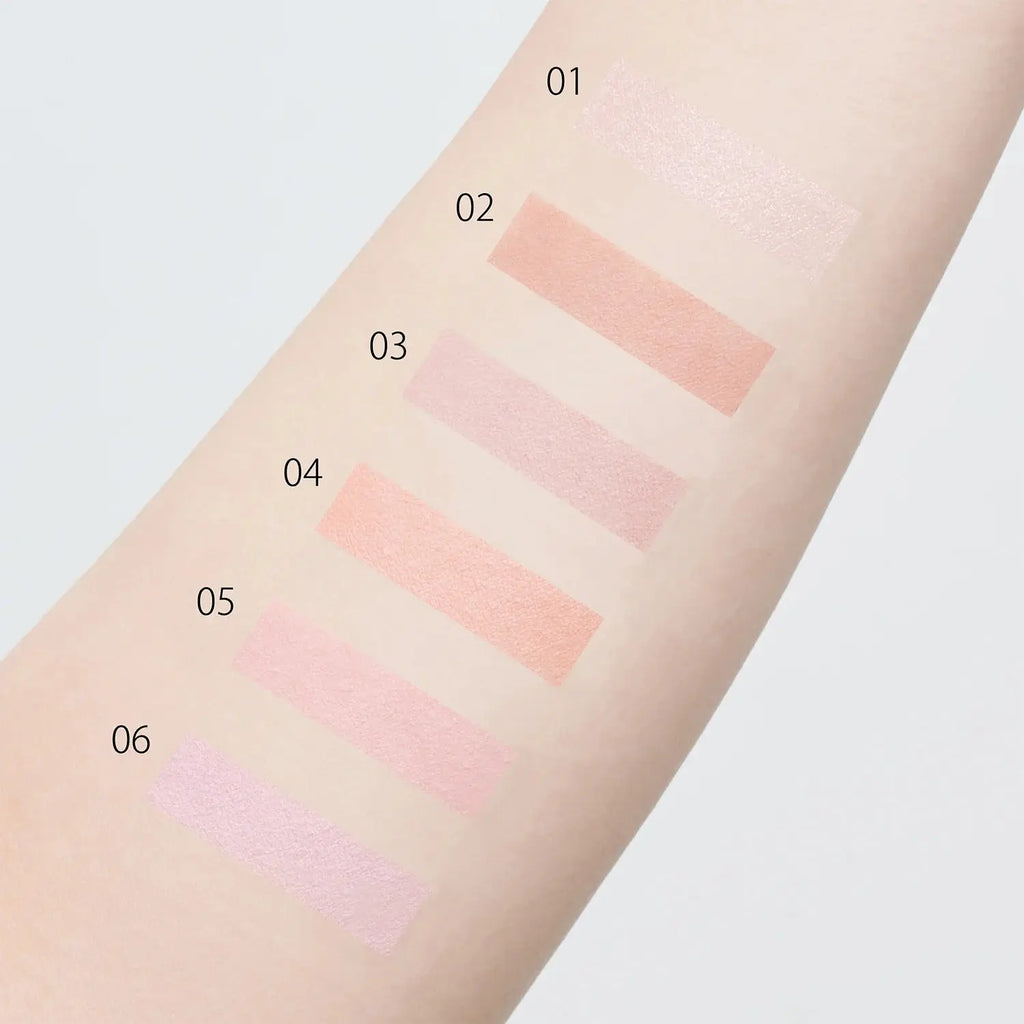 Swatches of Snidel Beauty Skin Glow Blush shades 01 to 06 on an arm, showcasing a range of soft, radiant hues for all skin tones.
