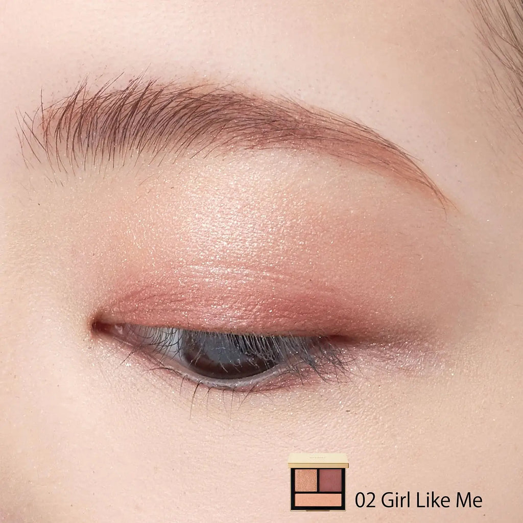 Close-up of an eye wearing Snidel Beauty Tailored Color Eyes 02 Girl Like Me, featuring a warm pink and peach eye makeup look with a soft shimmer.