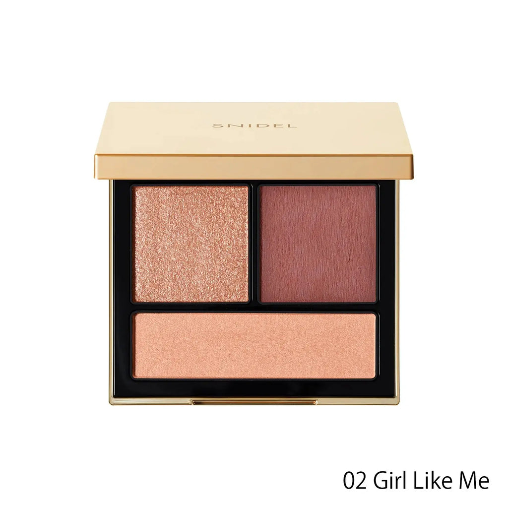 Snidel Beauty Tailored Color Eyes in 02 Girl Like Me, a three-color eye shadow palette with warm pink and peach tones in shimmer and matte finishes.