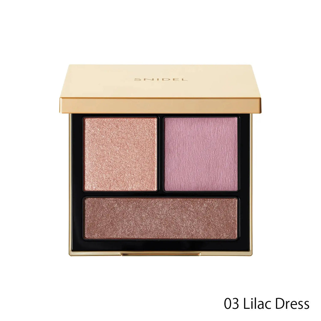Snidel Beauty Tailored Color Eyes in 03 Lilac Dress, a three-color eye shadow palette with soft lilac and mauve tones in shimmer and matte finishes.
