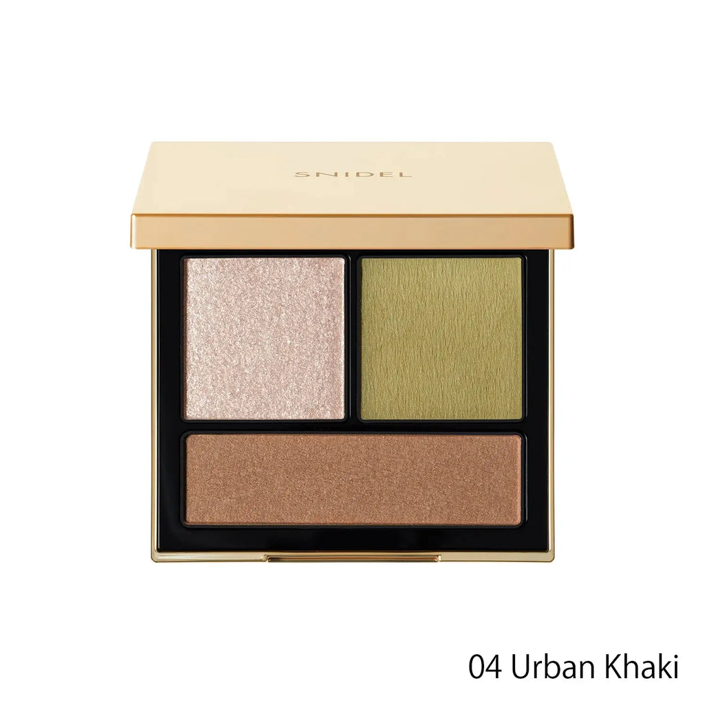Snidel Beauty Tailored Color Eyes in 04 Urban Khaki, a three-color eye shadow palette featuring earthy green and brown tones with shimmer and matte finishes.