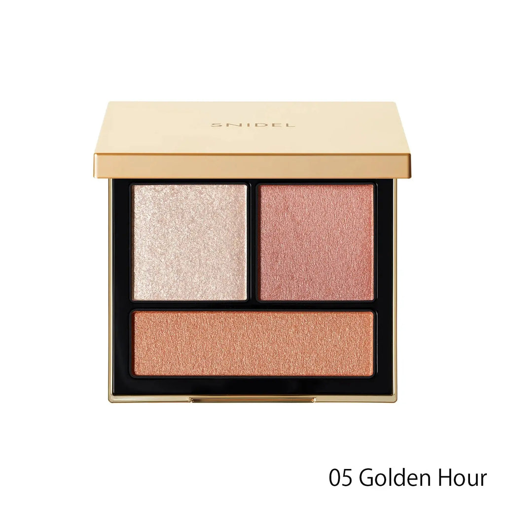 Snidel Beauty Tailored Color Eyes in 05 Golden Hour, a three-color eye shadow palette with warm gold and peach tones in shimmer and matte finishes.