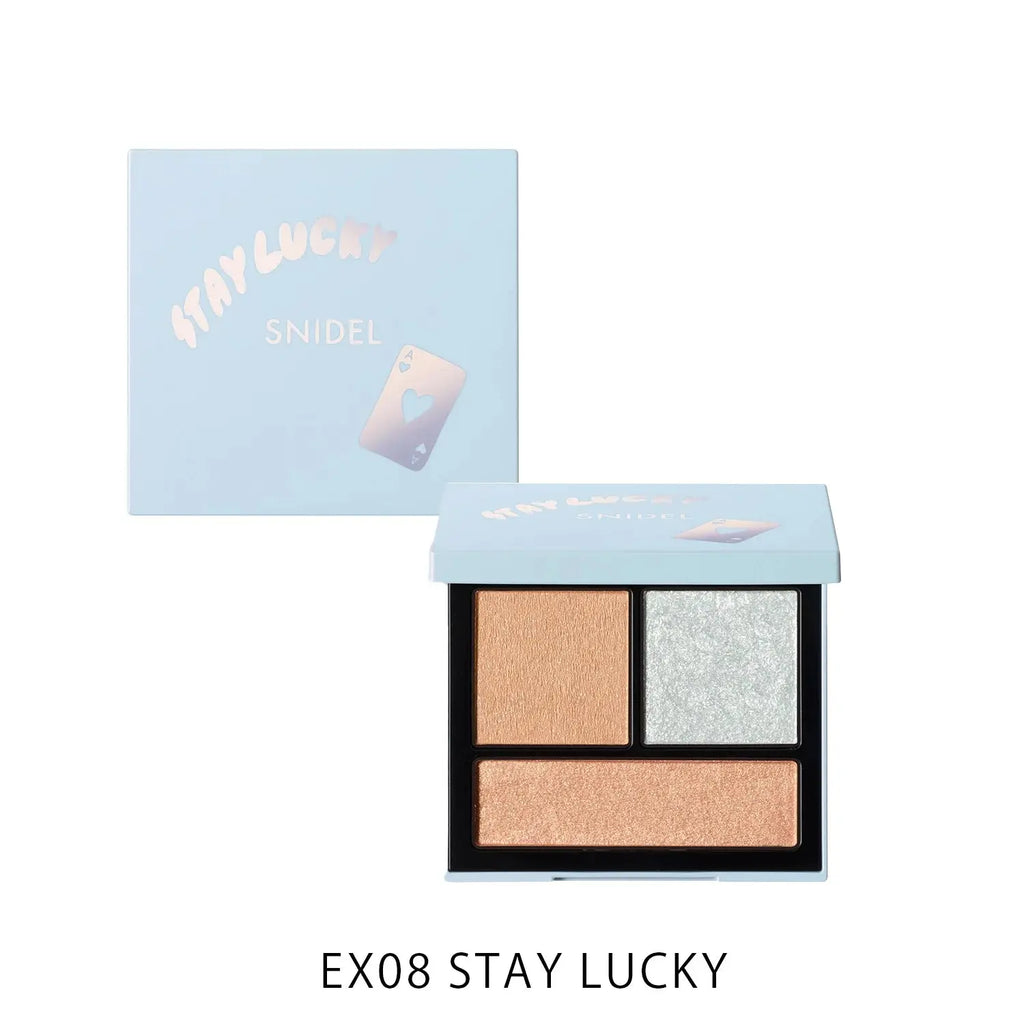 Snidel Beauty EX08 Stay Lucky palette with shimmering gold, silver, and bronze shades in sleek blue packaging.