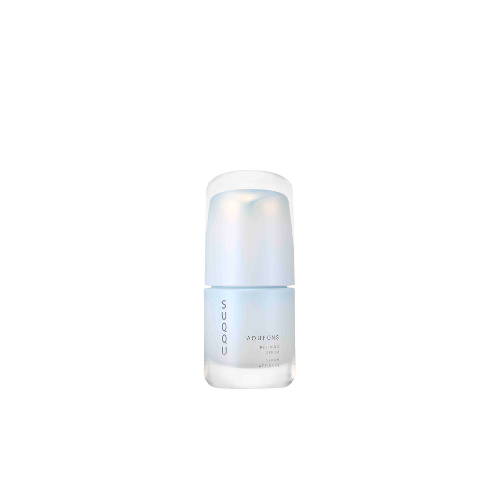 Suqqu Aqufons Smooth Refining Serum in an elegant frosted bottle. A moisture-rich serum designed to refine skin texture and enhance radiance.