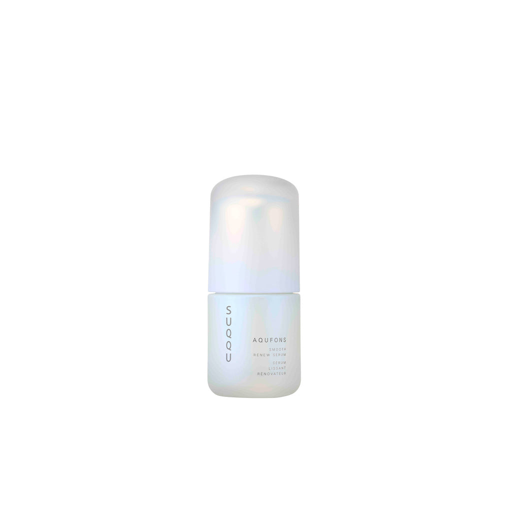 Suqqu Aqufons Smooth Renew Serum in a sleek, minimalist bottle. Hydrating formula designed to enhance skin smoothness and radiance.