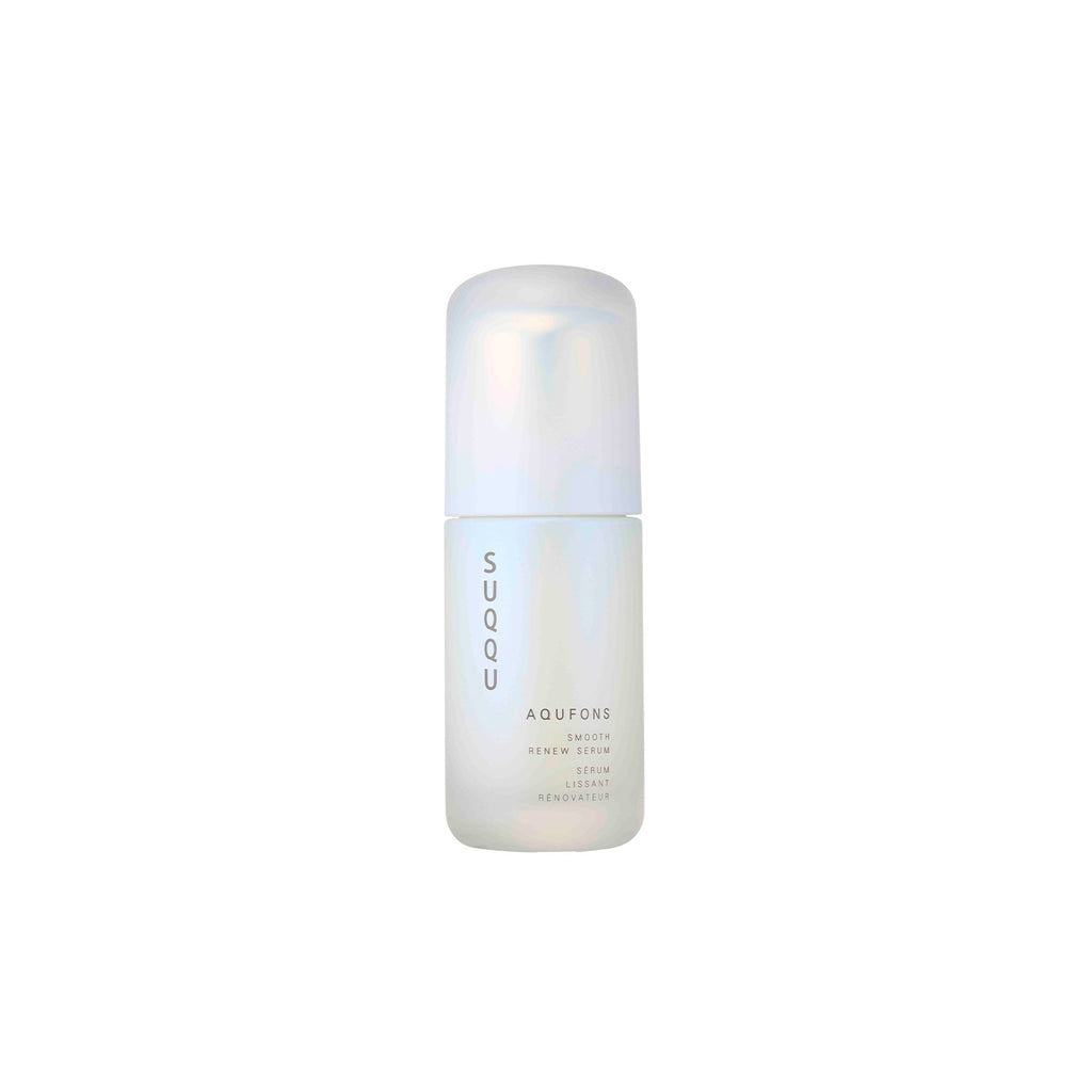 Suqqu Smooth Renew Serum in an elegant frosted bottle. A luxurious skincare essential for hydration and even skin tone.