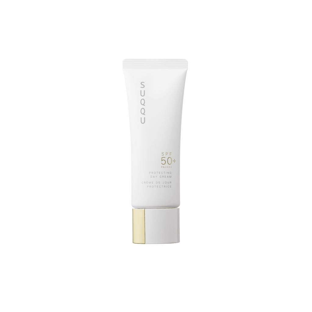 Suqqu Protecting Day Cream 50g with SPF 50+ for high UV protection. A luxurious sunscreen that hydrates and enhances skin with a glossy finish.