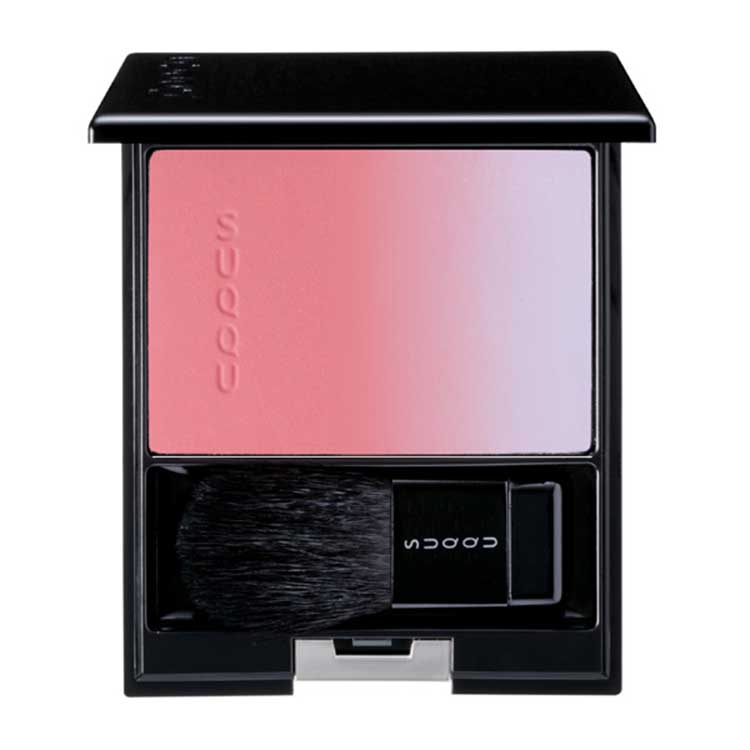 Suqqu Pure Color Blush 7.5g in pink-to-lavender gradient with brush, perfect for a soft and radiant cheek highlight.