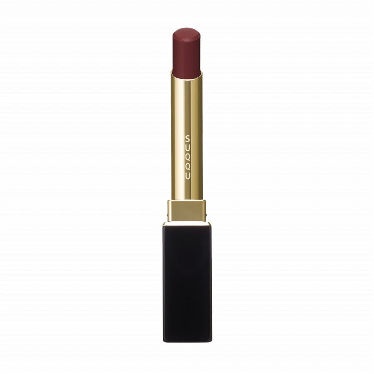 Suqqu Velvet Fit Lipstick in a deep wine red shade, housed in an elegant black and gold tube for a luxurious lip experience.