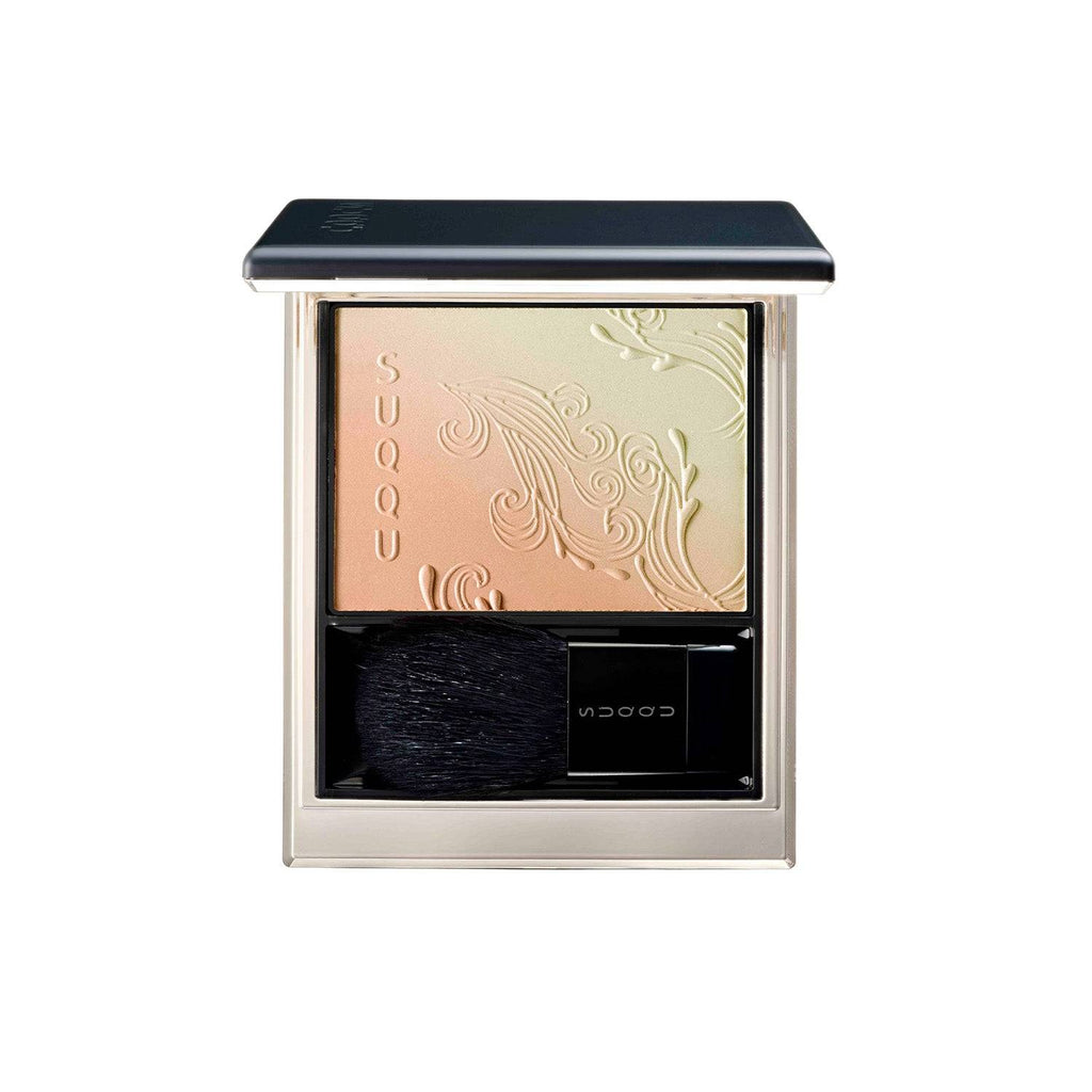 Suqqu Blurring Color Blush in ISHOKU, a limited-edition apricot pink and sheer pistachio blush with embossed design, includes brush.