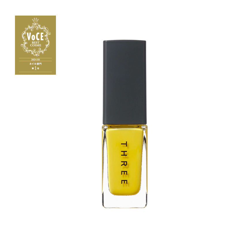 Three Nail Lacquer 7ml in vibrant yellow shade with VoCE award badge, ideal for bold nail designs. Part of Tokyo Beauty Box collection.