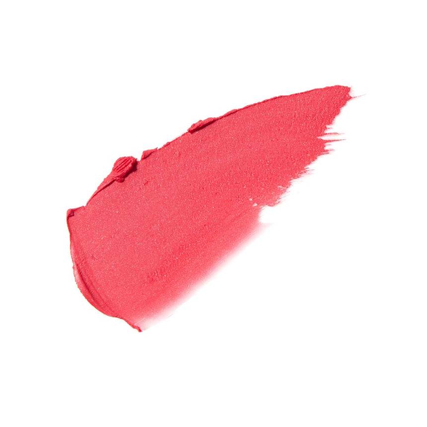 Swatch of vibrant red shade from Three Glam Tone Color Custard, showcasing its smooth cream-to-powder texture and bold pigmentation.