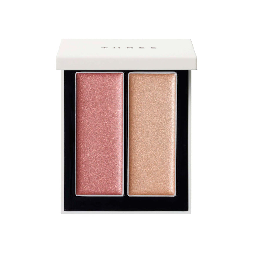 Shimmering glow THREE highlighter blush and contour palette for radiant, natural makeup look