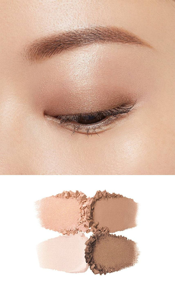 Clé de Peau Beauté Ombre Couleur Quadri eye shadow swatches applied on the eyelid, showcasing soft pink and brown tones with a luminous finish.