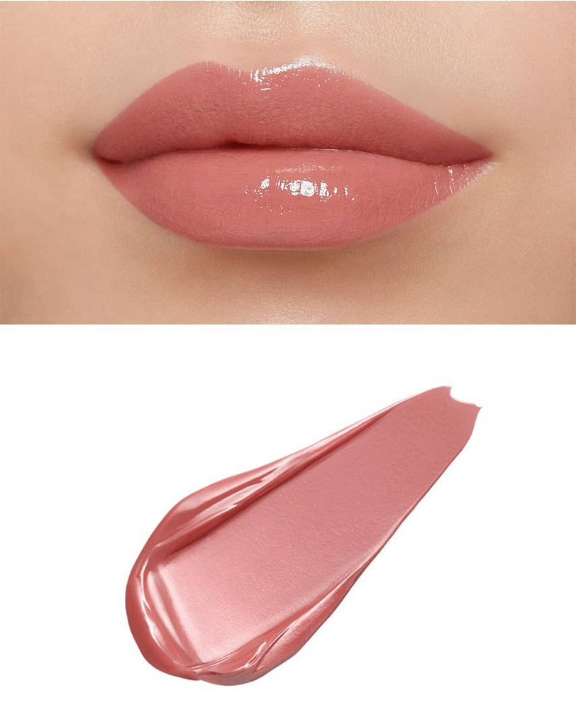 Lips adorned with Clé de Peau Beauté Rouge Crème Briand in nude pink, highlighting a glossy finish and smooth texture with a pink swatch.