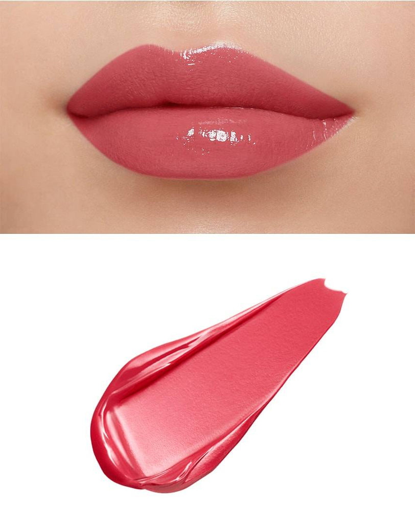 Lips with Clé de Peau Beauté Rouge Crème Briand in rose pink, displaying a glossy finish and smooth application with a rose pink swatch.
