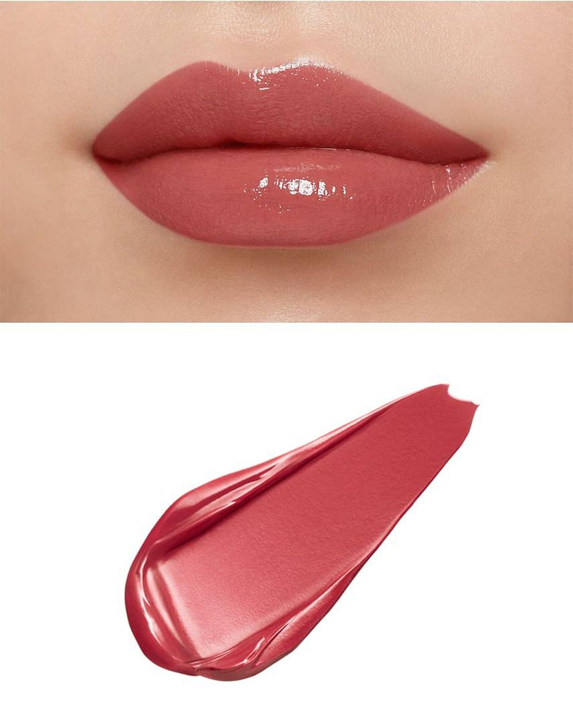 Glossy lips wearing Clé de Peau Beauté Rouge Crème Briand in terracotta, paired with a matching swatch showcasing its creamy texture.