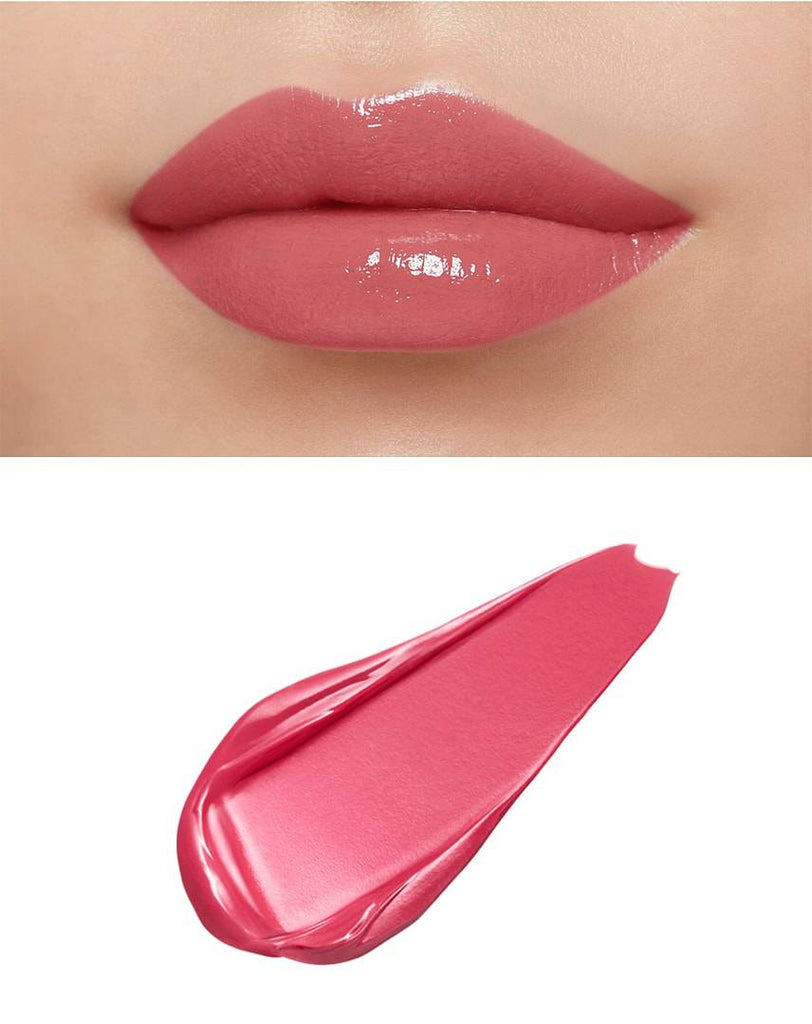 Glossy lips wearing Clé de Peau Beauté Rouge Crème Briand in fuchsia, paired with a matching swatch showcasing its creamy texture.