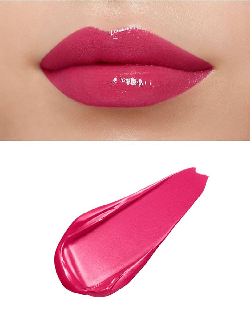 Clé de Peau Beauté Rouge Crème Briand 8g lip gloss applied on lips, showcasing a vibrant pink shade with a glossy finish.